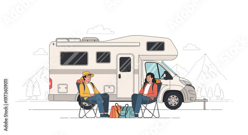 Couple relaxing in camping chairs next to RV in scenic mountain landscape
