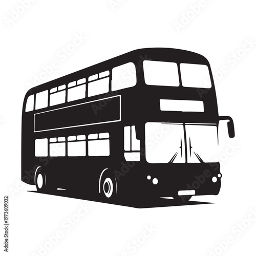 Black and white double decker bus illustration isolated on white background.