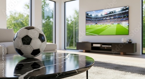 Modern living room with a soccer theme and a live football match on television