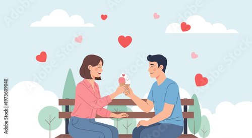 Couple Sharing Ice Cream on Park Bench, Romantic Date, Valentine's Day, Love Hearts