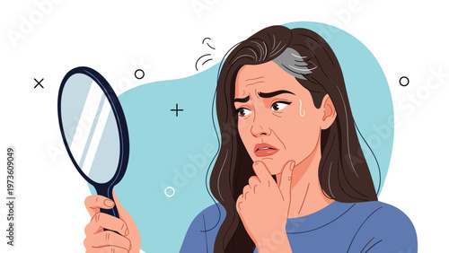 Concerned woman holding a mirror and looking at a strand of grey hair with a worried facial expression and hand on her chin in bathroom.
