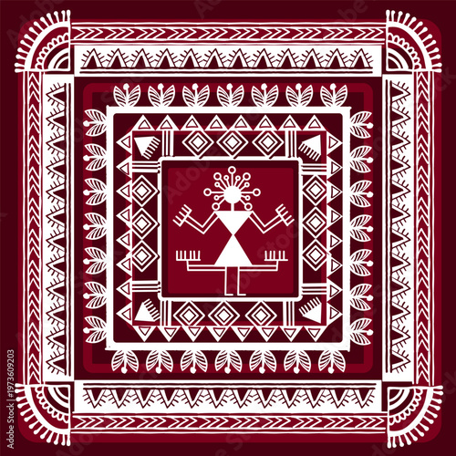 Warli peynting - hand drawn traditional the ancient tribal art India. Pictorial language is matched by a rudimentary technique depicting rural life of the inhabitants of India