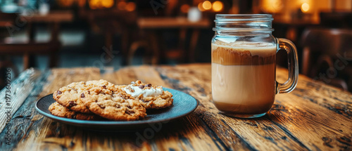 Chocolate chip cookies, one with cream, and layered coffee in a glass mug on a rustic wooden cafe table