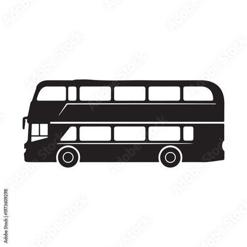 Black and white double decker bus illustration isolated on white background.
