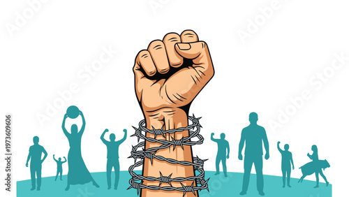 Large fist wrapped in barbed wire rising above a group of human silhouettes to represent human rights, freedom, and struggle against oppression.