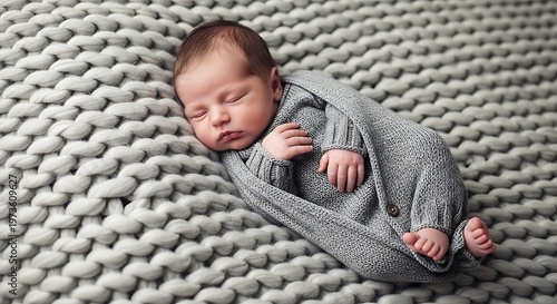 Newborn baby sleeping on blanket.