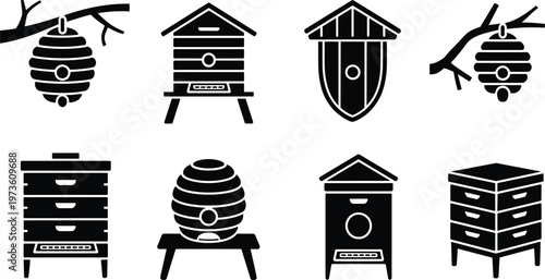 Beehive icons set, apiary honey boxes and hanging hives vector illustration collection