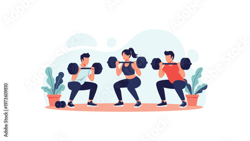 Two men and one woman exercising together in a gym while performing squats and lifting heavy barbells with plants in the background.