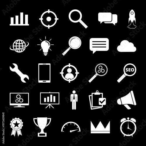 SEO and app development icons set isolated on black background