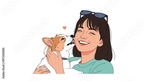 Happy young woman smiling with her eyes closed as her small corgi dog licks her cheek with a small red heart symbol above them both.