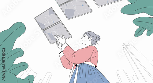 Korean woman in traditional Hanbok interacting with futuristic transparent screens displaying data in a modern urban landscape, blending heritage and innovation.