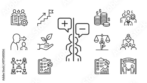 Business Success Graduation Teamwork And Communication Concept Line Icons Set