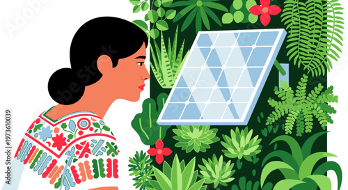 Sustainable urban living: Woman observes a solar panel within a lush vertical garden, representing eco-friendly technology and green energy.