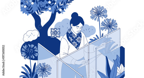 Modern blue illustration of a woman using transparent technology screens in a tranquil garden, symbolizing innovation and mindful living.