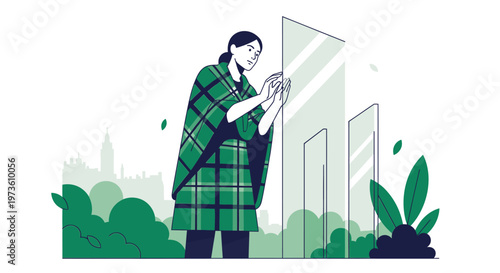 Woman in green plaid creating a sustainable urban green space with transparent panels, integrating nature into modern city life, environmental protection concept.
