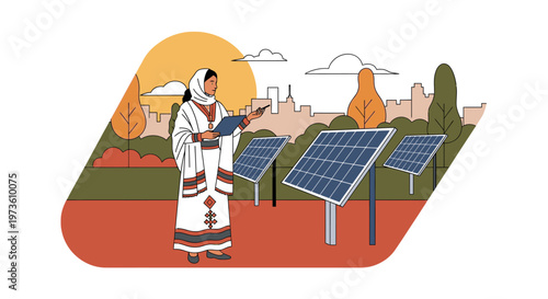 Middle Eastern woman in traditional dress inspecting solar panels, representing sustainable energy, technology, and a green future in a modern city.