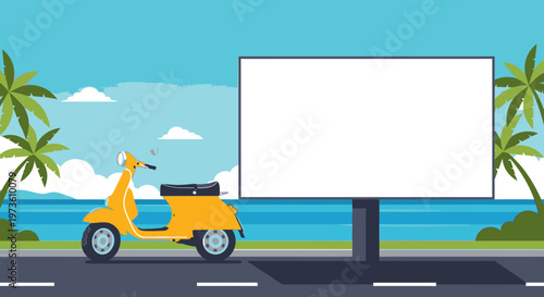 A vibrant yellow vintage scooter is parked beside a large blank billboard on a scenic coastal road, perfect for your advertising message or travel destination.