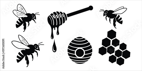 Vintage bee and honeycomb illustration set in black and white