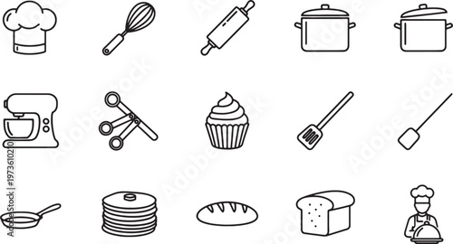 Kitchen cooking utensils and food icons