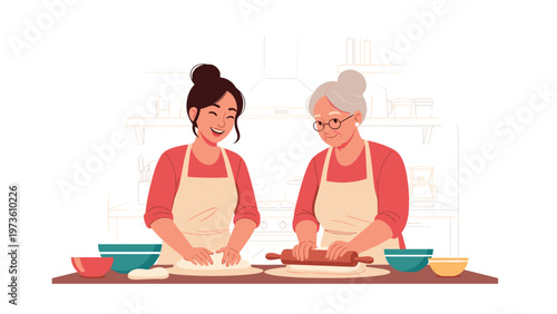 Happy young woman and elderly grandmother wearing aprons while rolling dough and baking together in a kitchen setting with utensils.