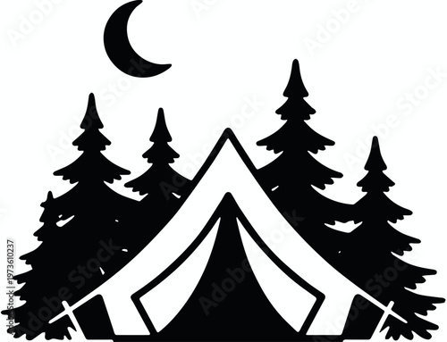 Night campsite with tent and crescent moon
