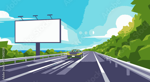 A vibrant cartoon illustration depicts a modern car traveling down a long, open highway next to a large blank billboard, perfect for advertising campaigns.