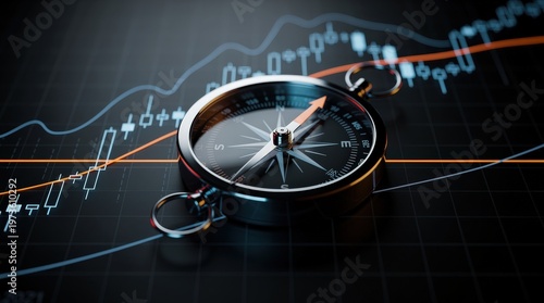 A metallic compass placed on a digital stock market chart, symbolizing guidance and direction in financial investments.