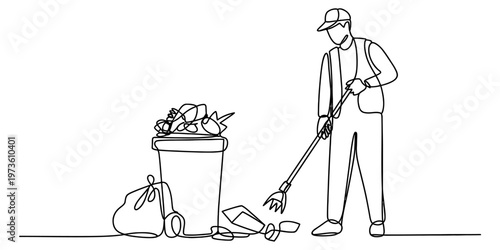 A continuous line drawing of a dedicated worker cleaning up trash and debris from the city street Vector, illustration
