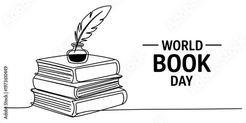A single continuous line drawing illustration featuring a stack of books and a classic ink quill Vector, illustration