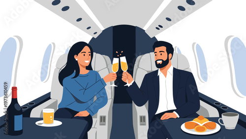 Successful man and woman clinking glasses of champagne while sitting in comfortable seats of a luxury private jet airplane interior.