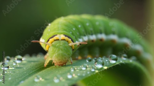 Macro shot of a vibrant green caterpillar with yellow markings on a dew-covered leaf.