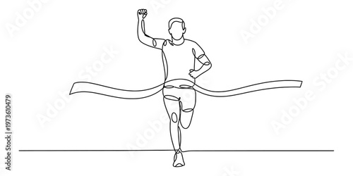 A single continuous line drawing of a male runner crossing the finish line in a victory gesture. Vector, illustration