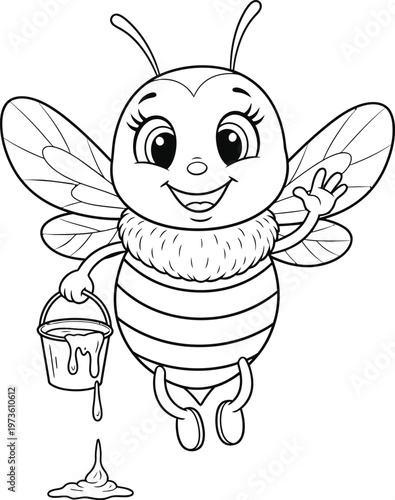 Cute cartoon bee with honey pot black and white illustration