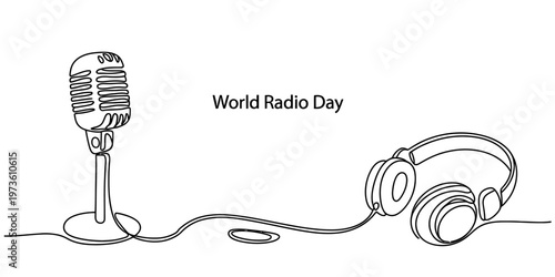 A single continuous line drawing illustration celebrating the annual event of world radio day. Vector, illustration