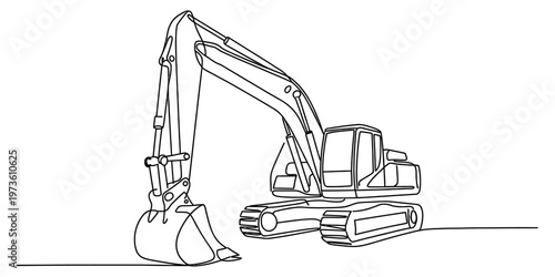 A single continuous line drawing of a heavy construction excavator on a plain white background Vector, illustration