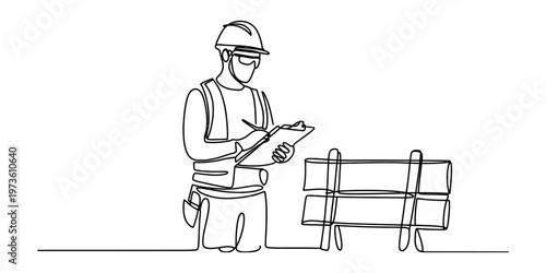 Continuous line drawing of a construction worker wearing a safety helmet writing on a clipboard Vector, illustration