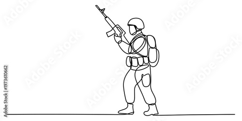A continuous line drawing of a soldier standing while holding a rifle on a white background area. Vector, illustration