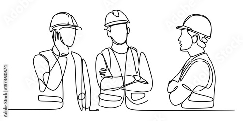 Continuous line drawing of three construction workers wearing safety helmets and reflective vests Vector, illustration