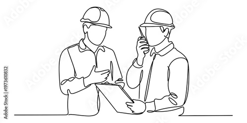 Continuous line drawing of two construction workers collaborating on a project at the site work Vector, illustration