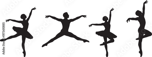 Silhouettes of ballet dancers in various poses on transparent background