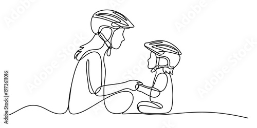 A single continuous line drawing of a mother and child wearing bicycle helmets sitting together Vector, illustration