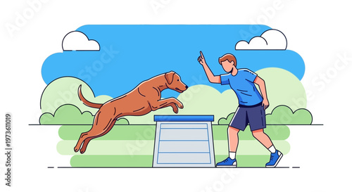 Agile dog jumping over obstacle during training with owner, outdoor agility course