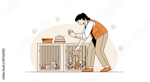 Animal rescuer caring for puppies in shelter kennels, adoption concept