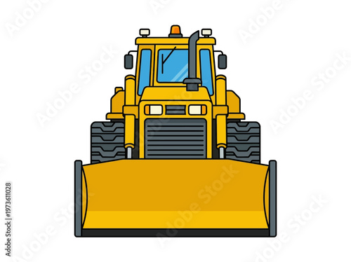Flat bulldozer front view, bold minimal construction vehicle on white background