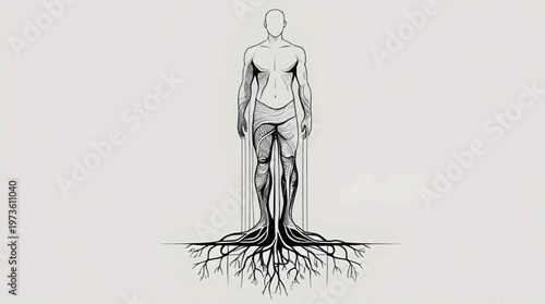 Minimalist monochrome vector line art of a human standing while roots grow from their feet deep into the ground