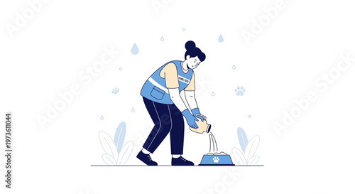 Animal rescuer pouring water into a pet food bowl, care and compassion concept