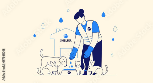 Animal shelter volunteer feeding stray dogs and cats, caring for pets in need