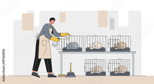 Animal shelter worker cleaning cages with cats inside, pet care and adoption concept