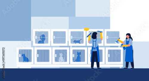 Animal Shelter Workers Cleaning Cages with Cats Inside, Veterinary Clinic Care