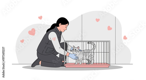 Caring veterinarian gently petting a scared cat in a cage, animal rescue, adoption concept